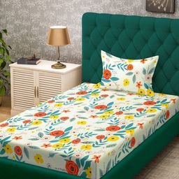 KLOTTHE White & Green Floral Printed 300TC Fitted Single Bedsheet & Pillow Cover-image-100
