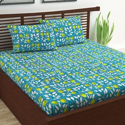 Divine Casa Turquoise Blue Floral 144 TC 100% Cotton Double Bedsheet With 2 Pillow Covers-image-68