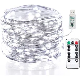 XERGY White 100 LED Silver Wire String Lights 8 Modes USB Powered with Remote Control-picture-17
