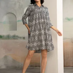 AASK Women Geometric Printed Shirt Collar A-Line Knee Length Dress-image-40