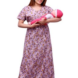 ANKONA Women Floral Printed Round Neck Pure Cotton Maternity Maxi Nightdress-image-6