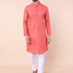 NAMASKAR Striped Mandarin Collar Pure Cotton Straight Kurta with Churidar-image-56