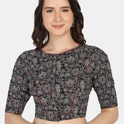 THE WEAVE TRAVELLER  Black Hand Block Printed Cotton Ready To Wear Saree Blouse-picture-21