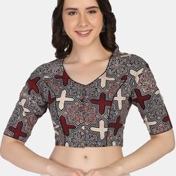 THE WEAVE TRAVELLER Women Black Ajrak Print Saree Blouse-image-37