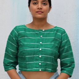 Chidiyaa Women Green Handwoven Linen Saree Blouse-image-5