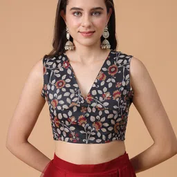 Frolic Rolic Kalamkari Print Smoking Details V Neck Blouse-13