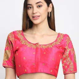 Grancy Women Fuchsia Pink & Gold-Coloured Printed Saree Blouse-14