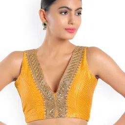 SALWAR STUDIO Yellow Embroidered Silk Readymade Saree Blouse-20