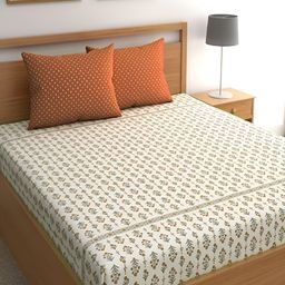 Srijee Decors Orange & Grey Floral 210 TC Fitted King Bedsheet with 2 Pillow Covers-image-45