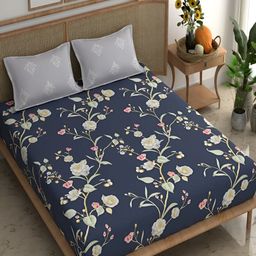 Srijee Decors Blue & White Floral 210 TC Fitted King Bedsheet with 2 Pillow Covers-image-44