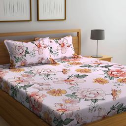 Srijee Decors Peach & White Floral Fitted 210 TC King Bedsheet with 2 Pillow Covers-image-29