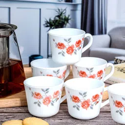 Cello White & Red Floral Printed Opalware Glossy Mugs Set of Cups and Mugs-7