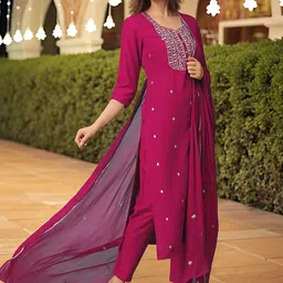 GoSriKi Floral Embroidered Round Neck Zari Straight Kurta With Trousers & Dupatta-picture-57