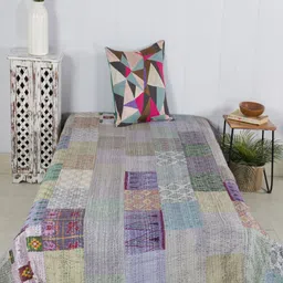 HANDICRAFT PALACE Grey & Purple Printed Kantha Patchwork Bed Cover-image-7