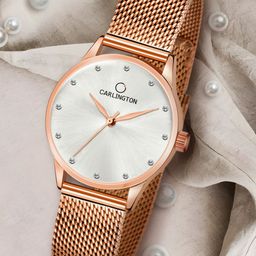 CARLINGTON Cream-Coloured Dial & Rose Gold Toned Stainless Steel Bracelet Watch CT2009-23