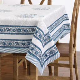 BLOCKS OF INDIA Blue Floral Cotton Rectangle 6-Seater Table Cover-image-53