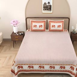 Jinaya's Brown Ethnic Motifs Cotton 250 TC Double Queen Bedsheet & 2 Pillow Covers-image-46