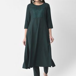 Span Floral Yoke Design Round Neck Thread Work A-Line Kurta-2