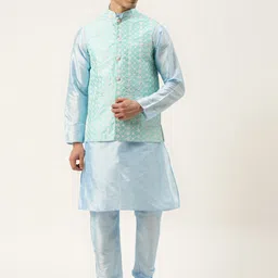 SOJANYA Men Turquoise Blue Thread Work Kurta with Churidar & Nehru Jacket-picture-38