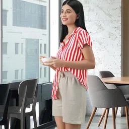 Tokyo TalkiesWomen Red & White Regular Fit Striped Sleep Shirt-17