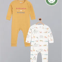 Broon Boys Pack Of 2 White & Mustard Yellow Printed Organic Cotton Sleepsuits-picture-20