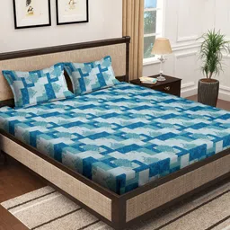 KLOTTHE Blue Geometric Cotton 400 TC Super King Double Bedsheet With 2 Pillow Covers-23