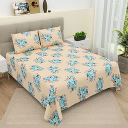 DREAM WEAVERZ Yellow & Blue Floral Pure Cotton 220 TC King Bedsheet With 2 Pillow Covers-image-84