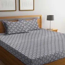 Arrabi Grey & White Ethnic Motifs 300 TC Cotton Super King Bedsheet With 2 Pillow Covers-image-9