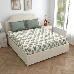 Salona Bichona Sea Green Floral Pure Cotton120 TC King Bedsheet with 2 Pillow Covers-image-68