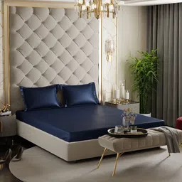 Stoa Paris Date Night Blue Polyester 300 TC Queen Fitted Satin Bedsheet With 2 Pillow Covers-image-34