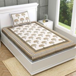 Salona Bichona Jaipuri Beige & Yellow 120 TC Cotton Single Bedsheet & 1 Pillow Cover-image-93
