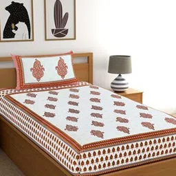 Salona Bichona Jaipuri White 120 TC Flat Cotton Single Bedsheet & 1 Pillow Cover-image-53