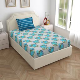 Salona Bichona Turquoise Blue Floral 120 TC Cotton Single Bedsheet With Pillow Cover-image-37