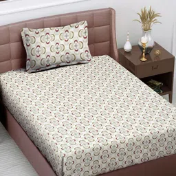 FABINALIV Beige & Olive Green Floral 300 TC Single Bedsheet with 1 Pillow Cover-image-81