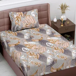 FABINALIV Grey & White Floral 300 TC Single Bedsheet with 1 Pillow Cover-image-38