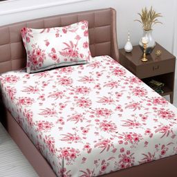 FABINALIV White & Pink Floral 300 TC Single Bedsheet with 1 Pillow Cover-image-93