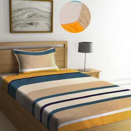 Arrabi Beige & Teal Green Striped 300 TC Single Bedsheet with 1 Pillow Cover-34