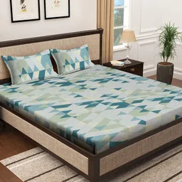 KLOTTHE Blue Geometric Printed Pure Cotton 400 TC King Bedsheet With 2 Pillow Covers-image-100
