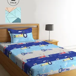 KLOTTHE Blue & Teal Cartoon Characters 210 TC 2 Single Bedsheet with 2 Pillow Covers-56