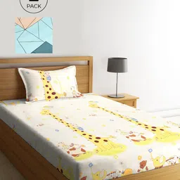 KLOTTHE Set of 2 Off-White & Pink Cartoon 210 TC Single Bedsheets with 2 Pillow Covers-13