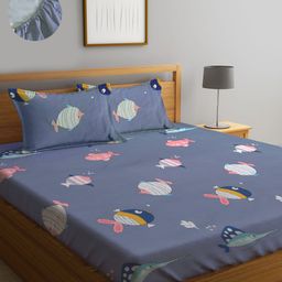 KLOTTHE Grey & Pink Cartoon Characters 300 TC Fitted King Bedsheet with 2 Pillow Covers-41