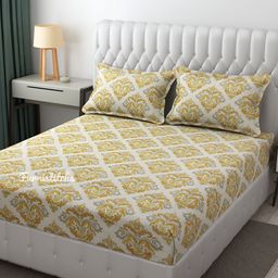Furnistitchs Cream & Yellow Ethnic Motifs 300 TC King Fitted Bedsheet With 2 Pillow Covers-image-109