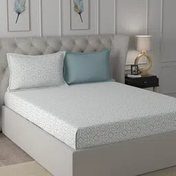 In-House by maspar Blue & Off-White Geometric 200 TC King Bedsheet with 2 Pillow Covers-image-95