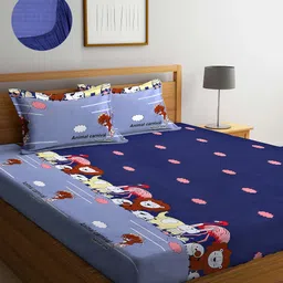 Arrabi Unisex Kids Blue Cartoon Characters 300 TC 1 King Bedsheet with 2 Pillow Covers-19