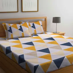 Arrabi Grey & Blue Geometric 300 TC King Bedsheet with 2 Pillow Covers-image-85