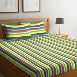 Arrabi Multicoloured Striped 300 TC Cotton Super King Bedsheet with 2 Pillow Covers-2