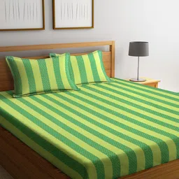 Arrabi Green & Yellow Striped 300 TC King Cotton Bedsheet with 2 Pillow Covers-picture-27