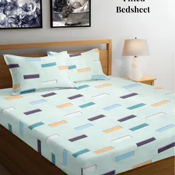 Arrabi Green & Peach Geometric 300 TC Fitted King Bedsheet with 2 Pillow Covers-13