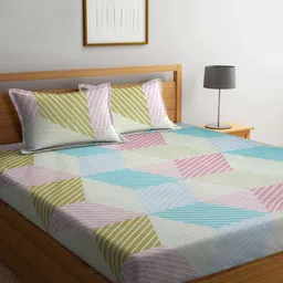 Arrabi Green & Blue Geometric Printed 300 TC Fitted King Bedsheet & 2 Pillow Covers-image-82