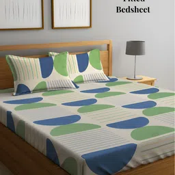 Arrabi White & Green Geometric 300 TC Fitted King Bedsheet with 2 Pillow Covers-image-48